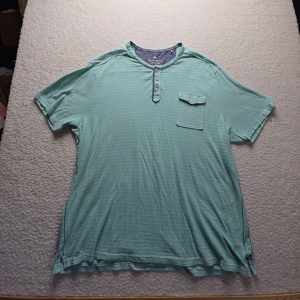 Tommy Bahama Shirt Mens 3XL Green Striped Henley Pocket Tee Tagless Cotton